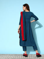 Thumbnail for Sangria Ethnic Motifs Yoke Design Pleated Sequinned Kurta with Trousers & Dupatta - Distacart