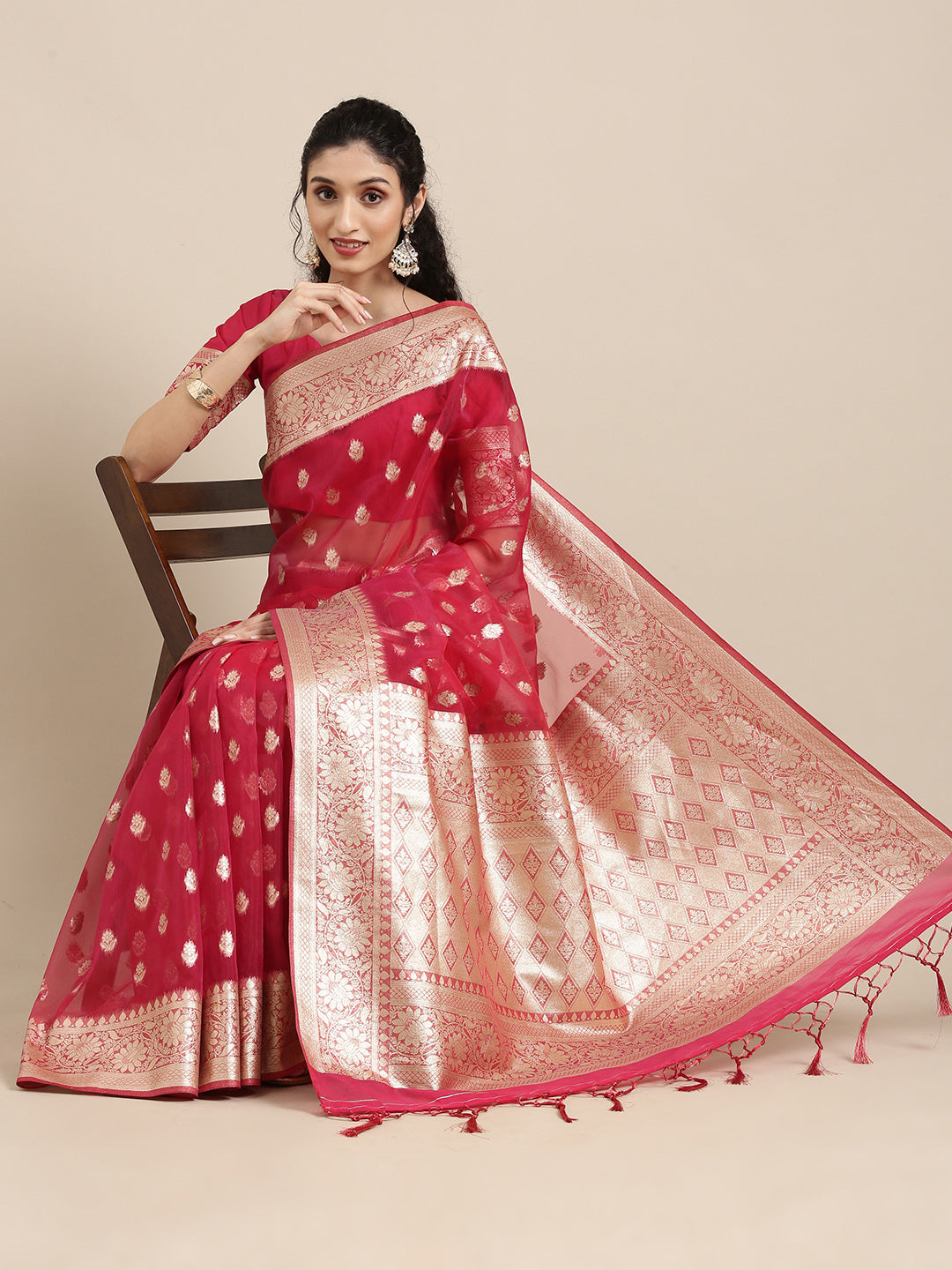 Saree Mall Red Ethnic Motifs Zari Organza Banarasi Saree - Distacart