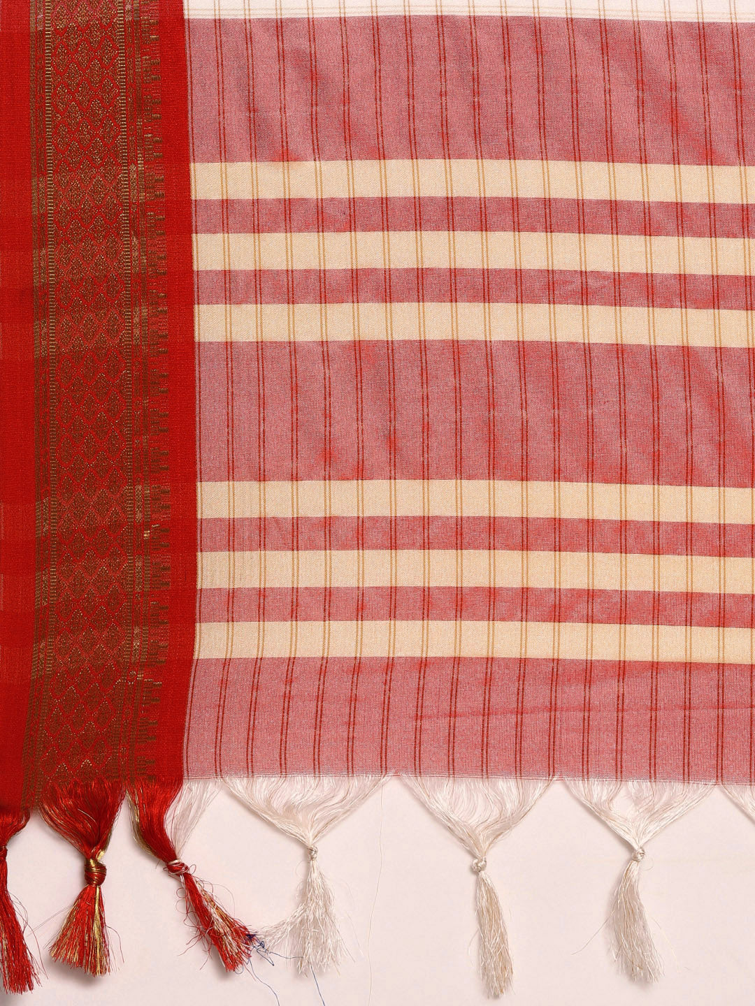 Kalini White & Red Checked Zari Silk Cotton Saree - Distacart