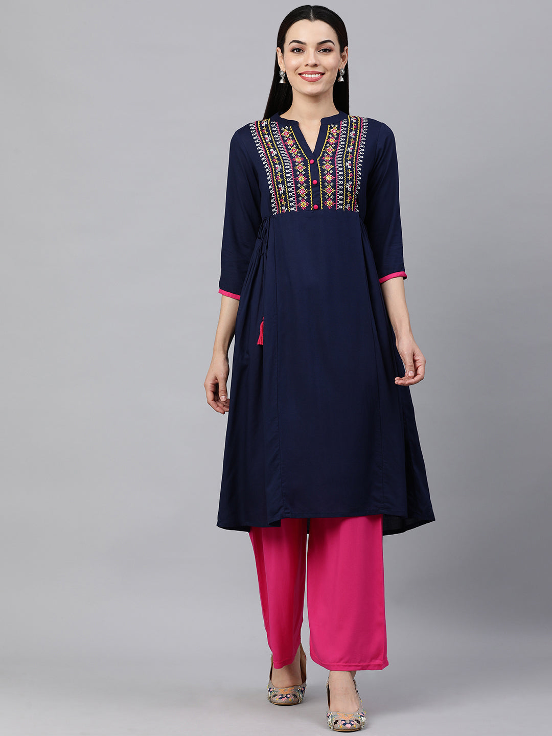 Kalini Women Navy Blue Ethnic Motifs Embroidered Yoke Design Kurta - Distacart