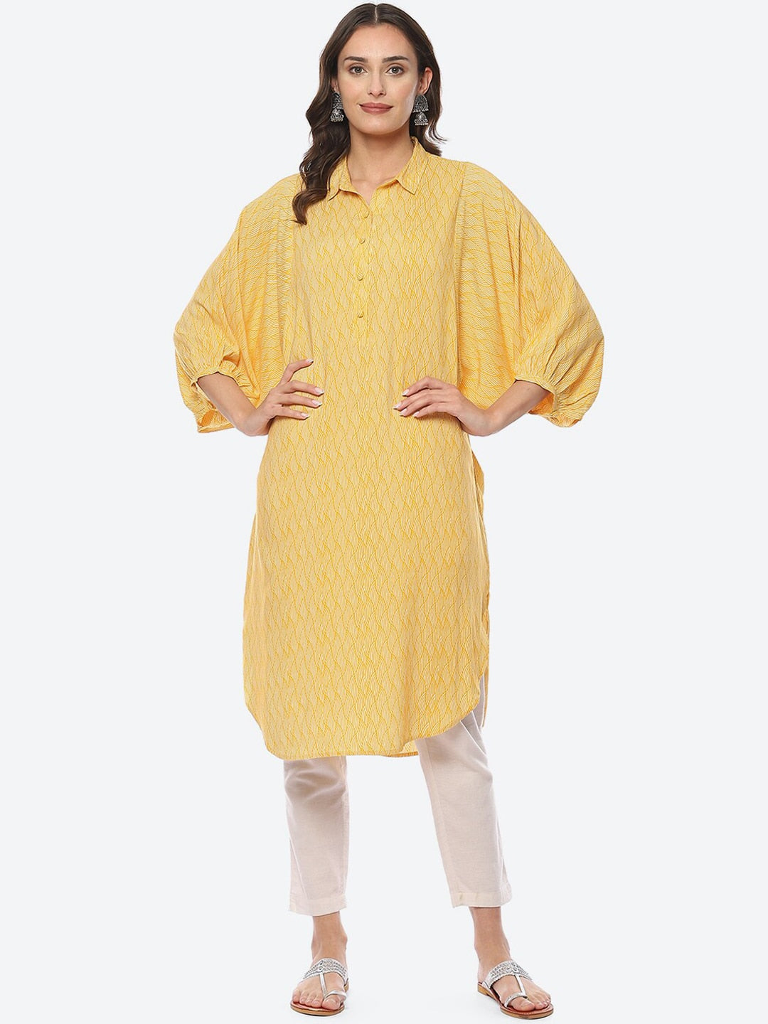 Biba Abstract Printed Batwing Sleeves Shirt Collar Kurta - Distacart