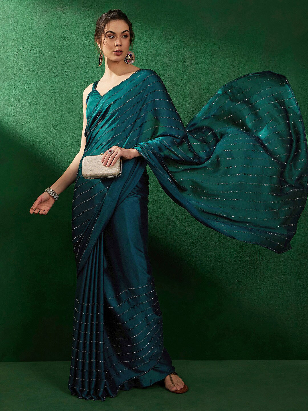 Sangria Striped Embellished Satin Beads and Stones Saree - Distacart