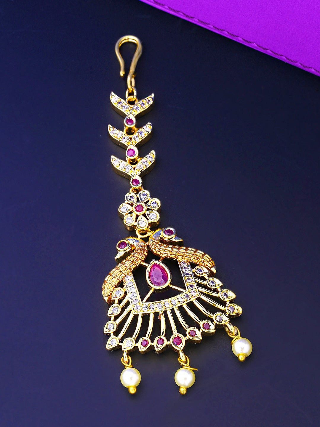 Yellow Chimes Women Gold -Toned Pink & White American Diamond Studded Handcrafted Maang Tikka - Distacart
