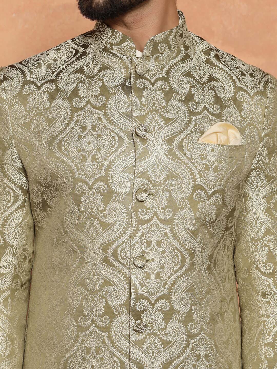 KISAH Woven Design Mandarin Collar Sherwani Set - Distacart