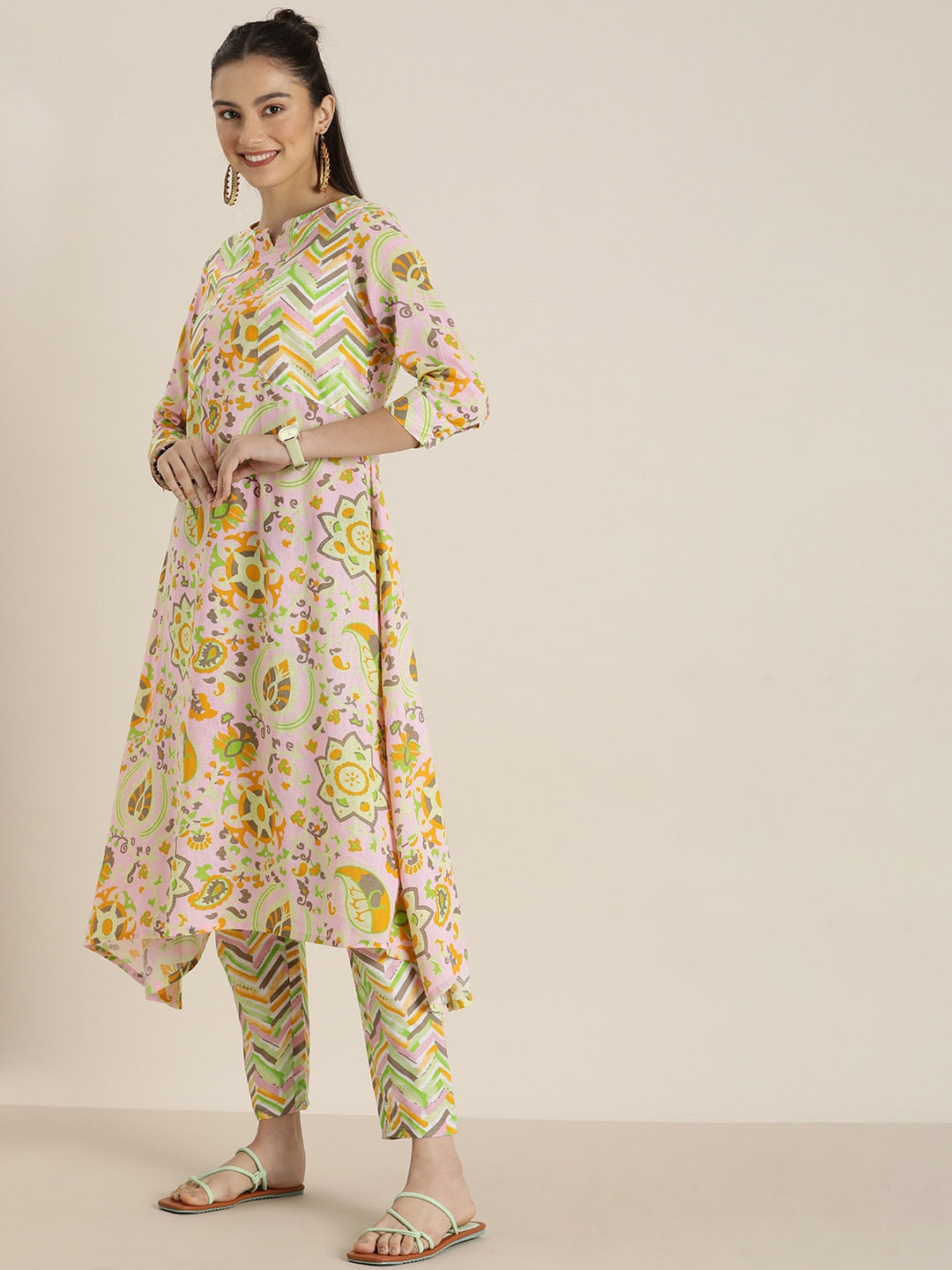 Sangria Women Pink & Yellow Ethnic Motifs Printed Cotton Kurta with Trousers & Dupatta - Distacart