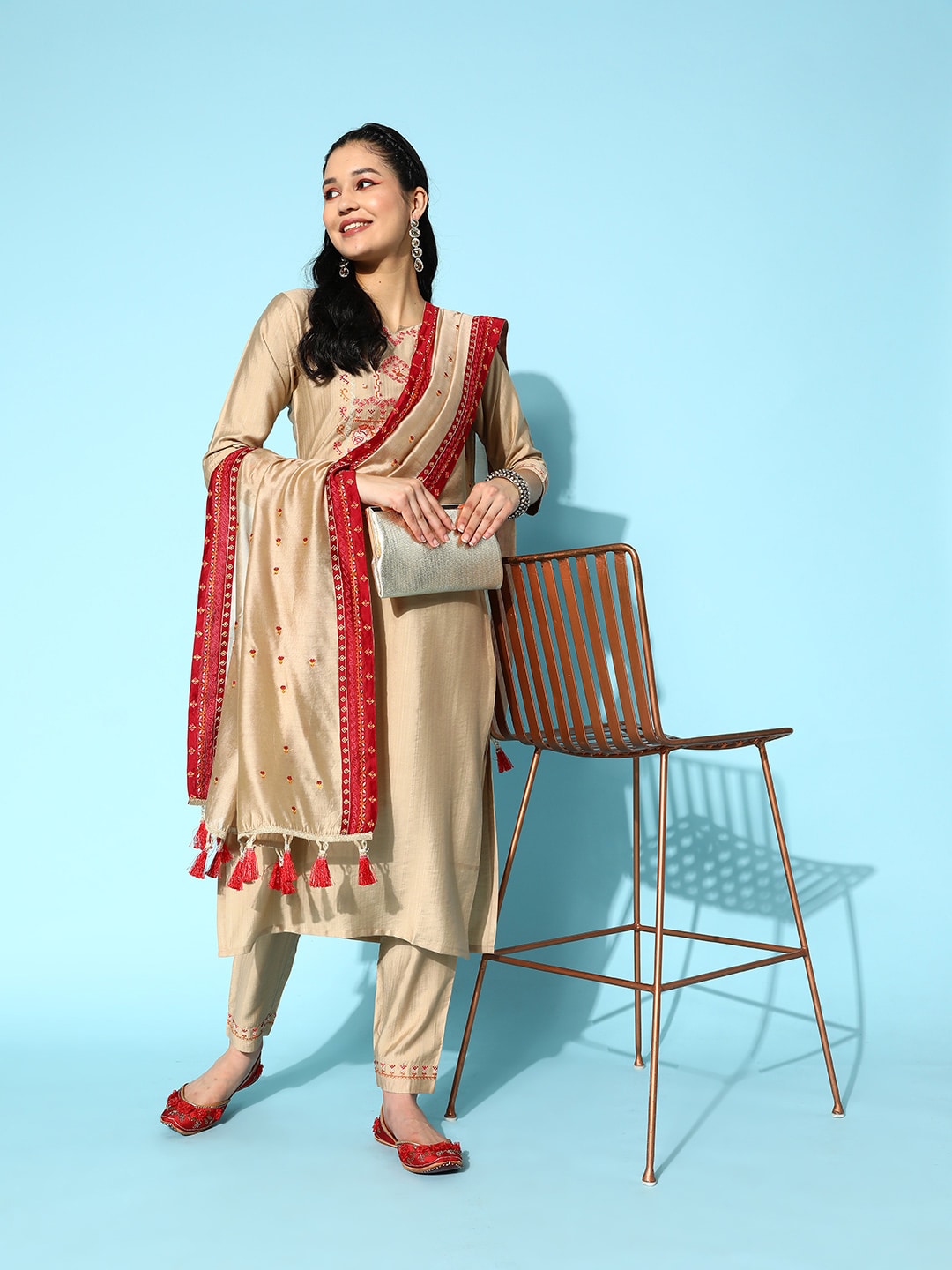 Sangria Embroidered Thread Work Kurta with Trousers & With Dupatta - Distacart