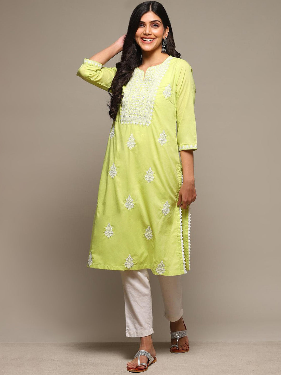 Biba Ethnic Motifs Embroidered Notched Neck Sequined Cotton Kurta - Distacart