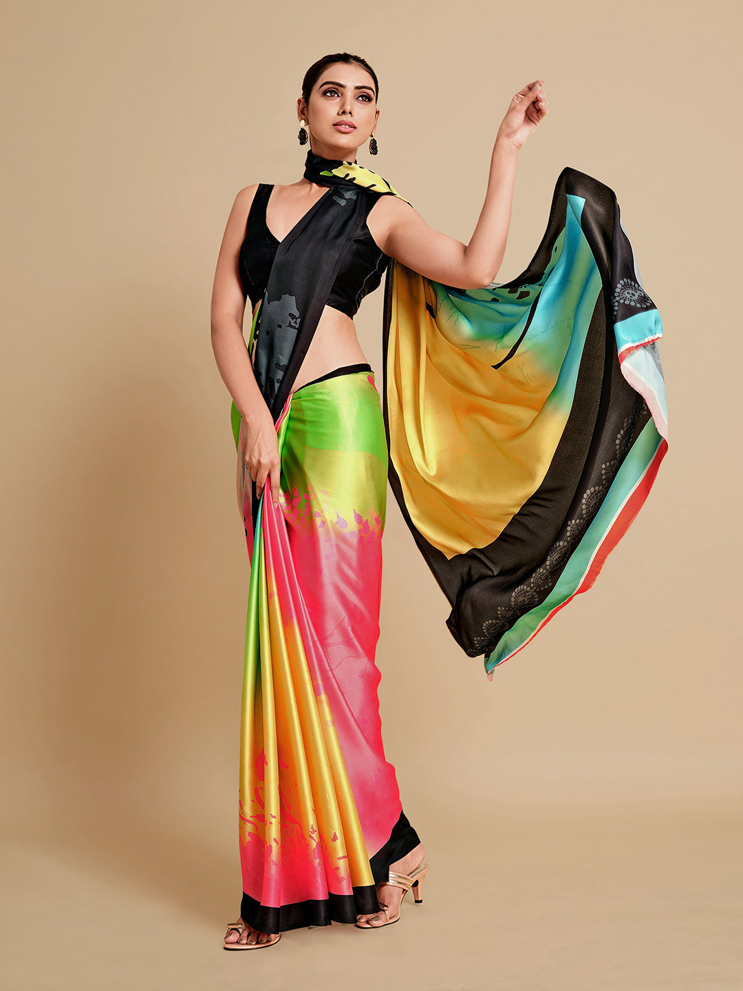 Sangria Lime Green & Blue Satin Saree - Distacart