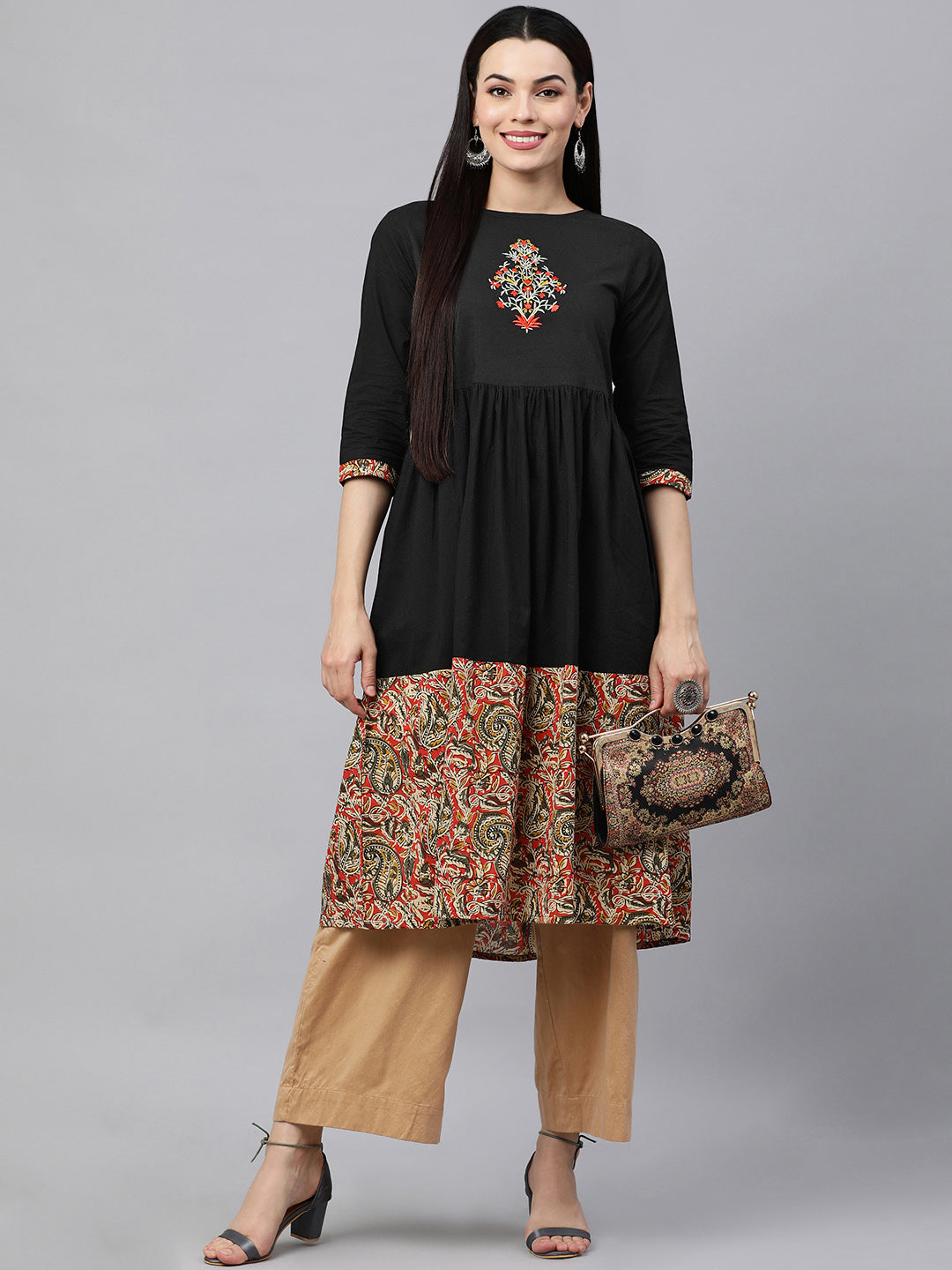 Kalini Women Black & Red Ethnic Motifs Printed Pure Cotton Kurta - Distacart