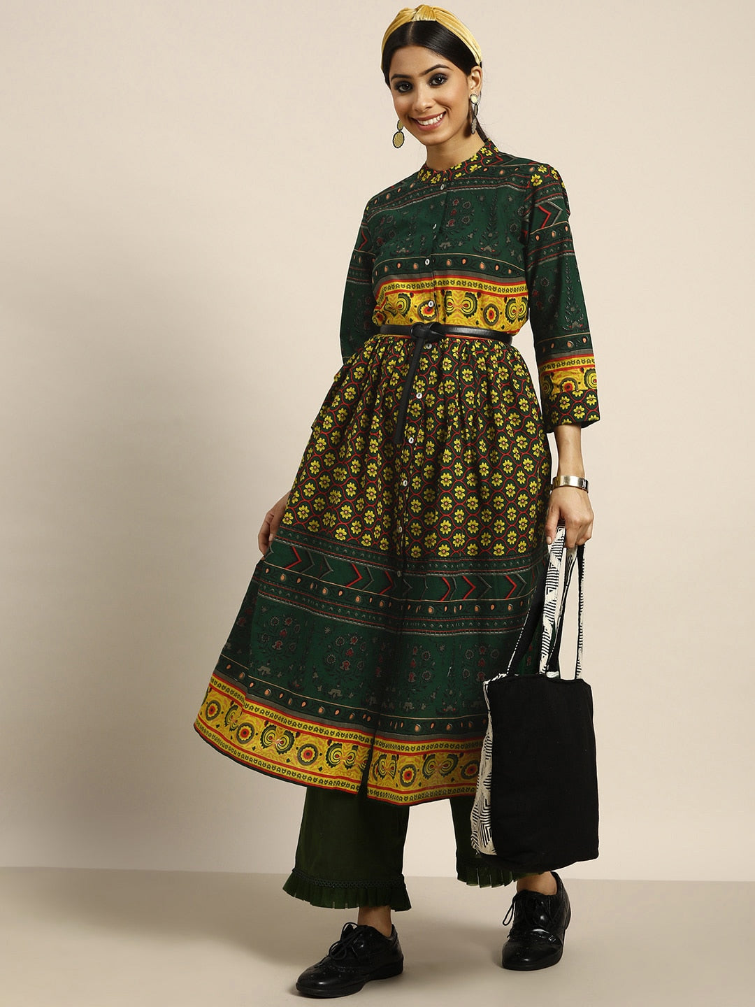 Sangria Women Green & Yellow Pure Cotton Ethnic Motifs Printed A-Line Kurta - Distacart