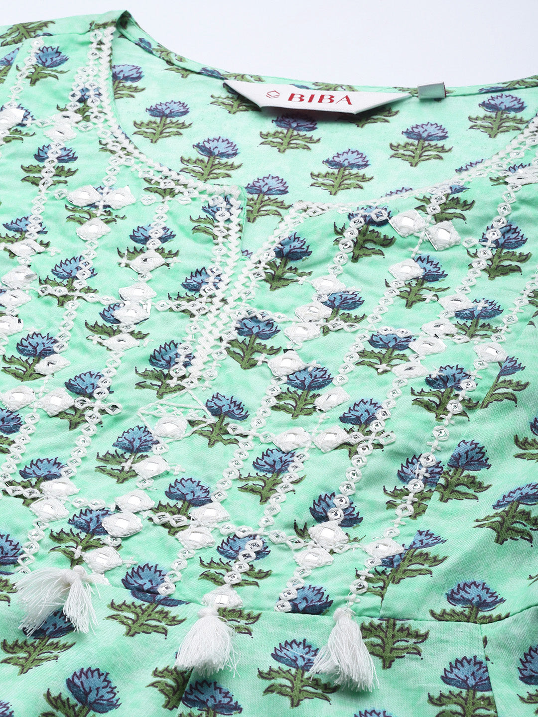 Biba Women Green & Blue Ethnic Motifs Printed Embroidered Pure Cotton A-Line Kurta - Distacart