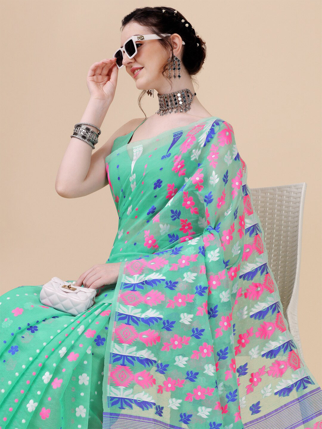 Kalini Green & Blue Floral Silk Cotton Jamdani Saree - Distacart