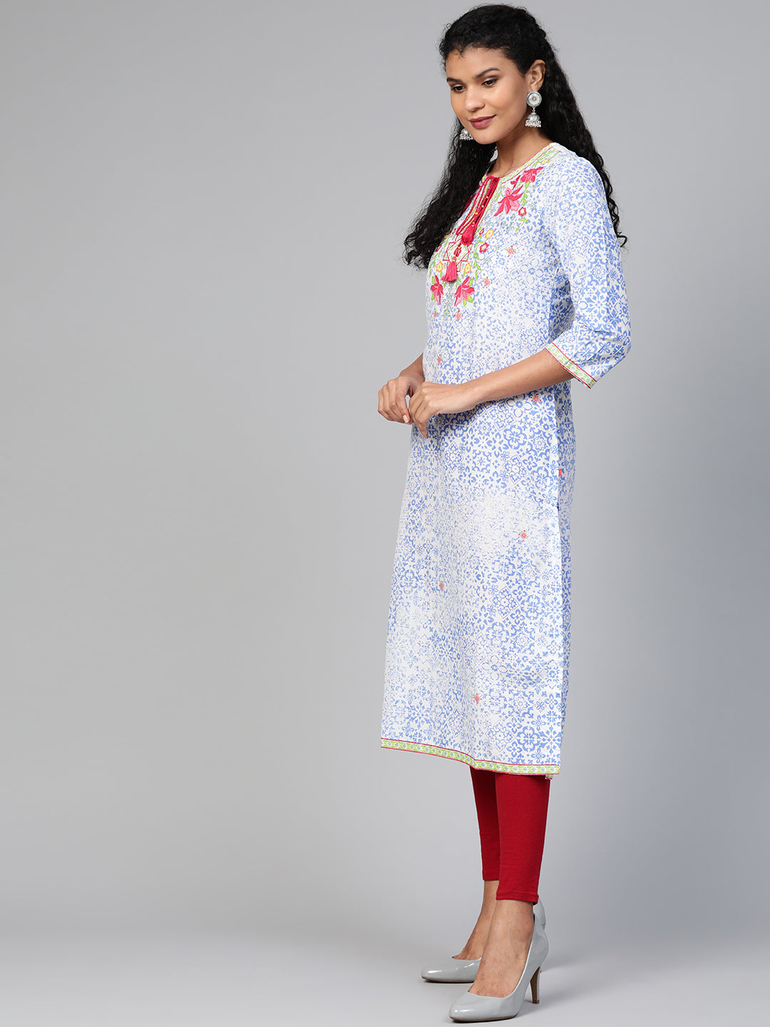 Biba Women Blue & White Printed Straight Kurta - Distacart
