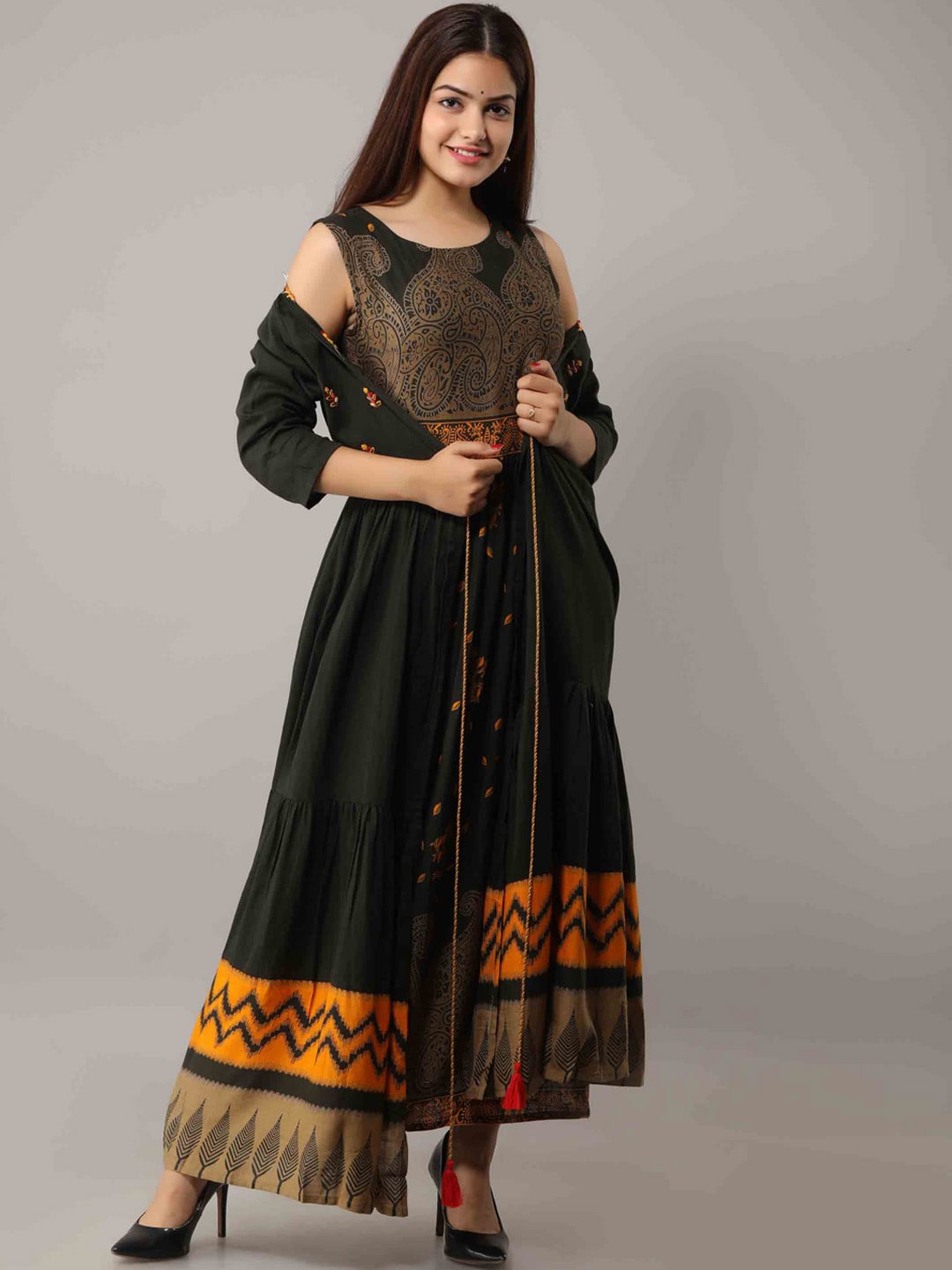 Kalini Women Green & Orange Floral Printed Anarkali Kurta - Distacart