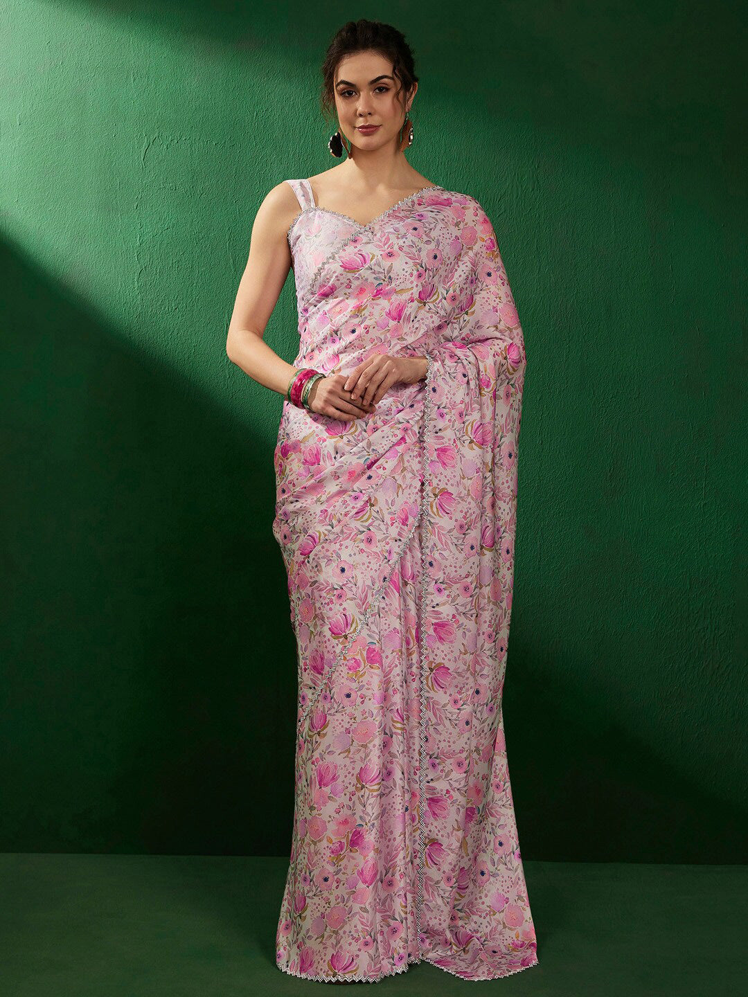 Sangria Floral Embellished Satin Saree - Distacart