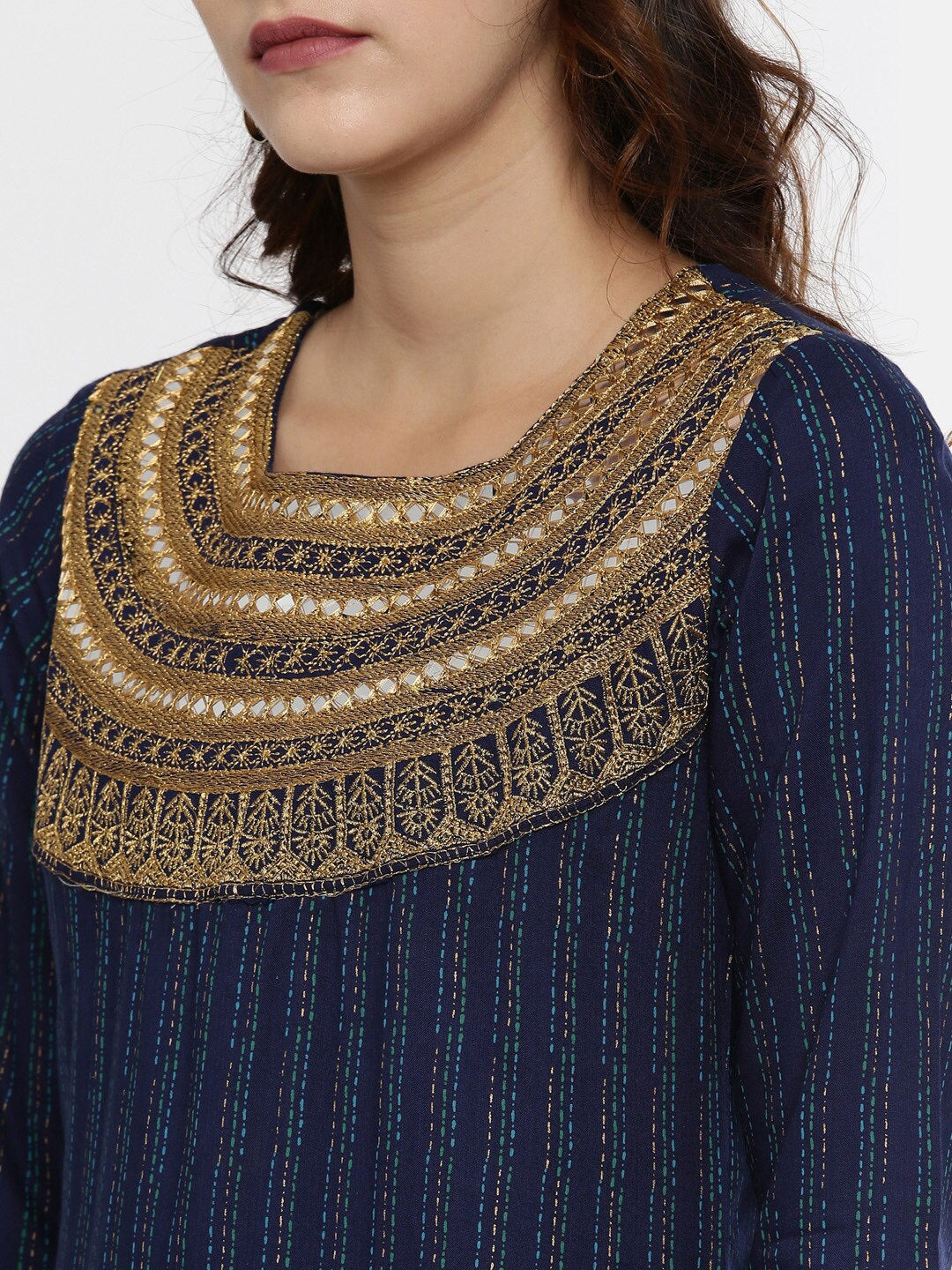 Souchii Navy Blue & Gold-Toned Striped A-Line Kurta - Distacart