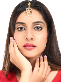Thumbnail for Yellow Chimes Women Gold-Plated White & Red Ad Studded Handcrafted Maang Tikka - Distacart
