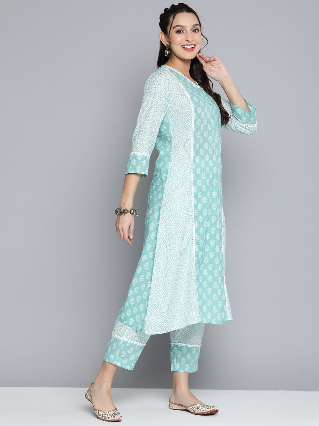 HERE&NOW Women Turquoise Blue Floral Printed Pure Cotton Kurta with Palazzos & With Dupatta - Distacart