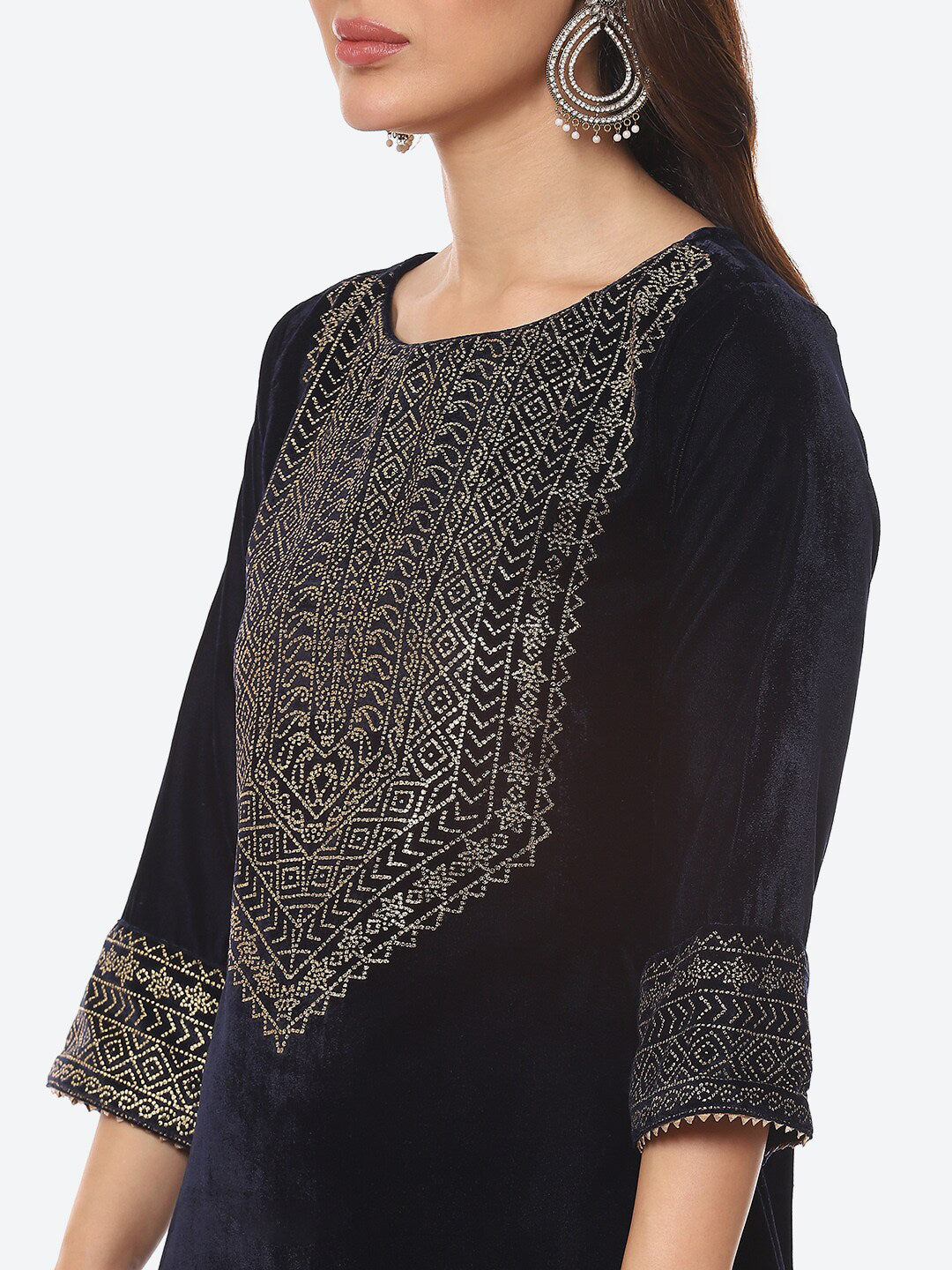 Biba Women Navy Blue Yoke Design Gotta Patti Velvet Straight Fit Kurta - Distacart