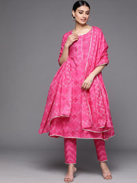 Thumbnail for Libas Pink Pure Cotton Bandhani Printed Gotta Patti Kurta Set & Dupatta - Distacart