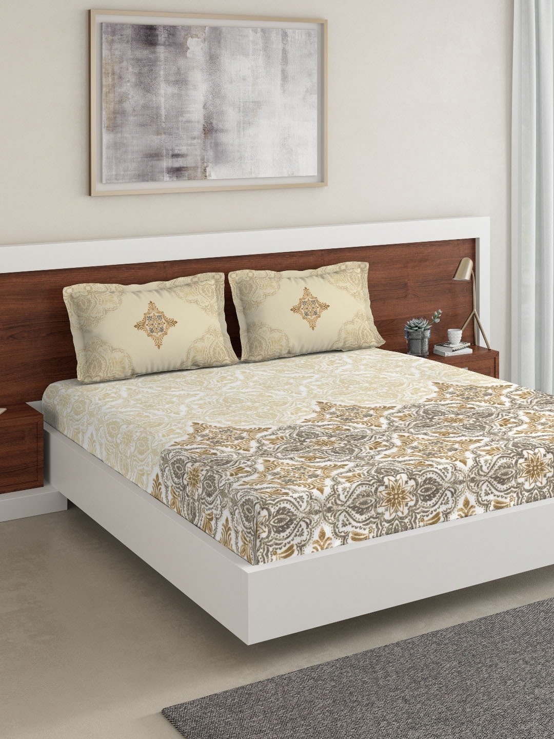 DDecor Beige & Grey Ethnic Motifs 180 TC Cotton 1 King Bedsheet with 2 Pillow Covers - Distacart
