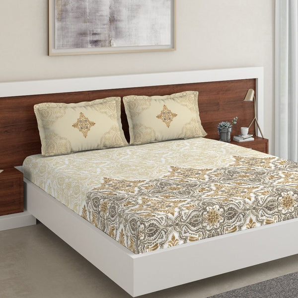 DDecor Beige & Grey Ethnic Motifs 180 TC Cotton 1 King Bedsheet with 2 Pillow Covers - Distacart