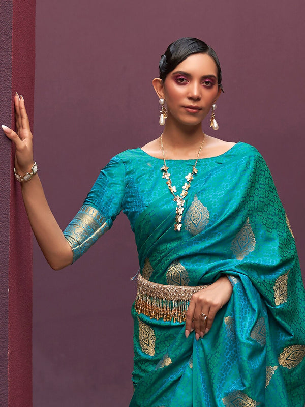 Mitera Teal & Gold-Toned Bagh Pure Silk Banarasi Saree - Distacart