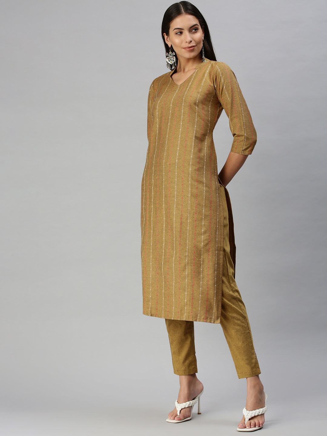 Kalini Women Mustard Yellow Pure Cotton Geometric Woven Design Kurta with Trousers - Distacart