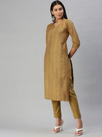 Thumbnail for Kalini Women Mustard Yellow Pure Cotton Geometric Woven Design Kurta with Trousers - Distacart