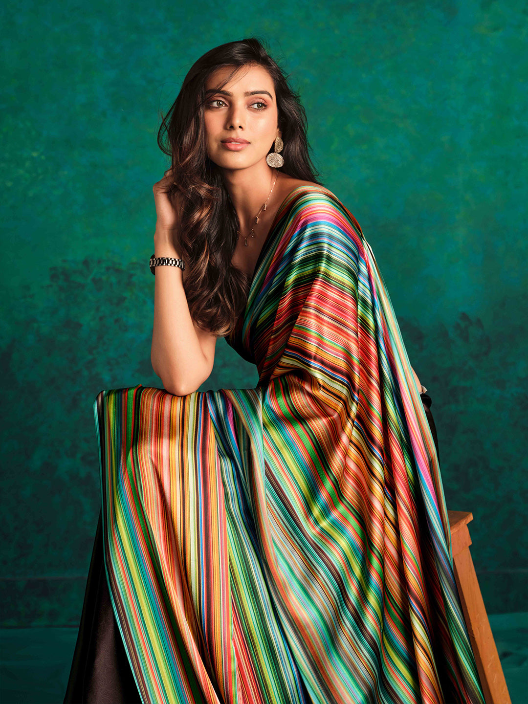 Sangria Striped Digital Printed Satin Saree - Distacart
