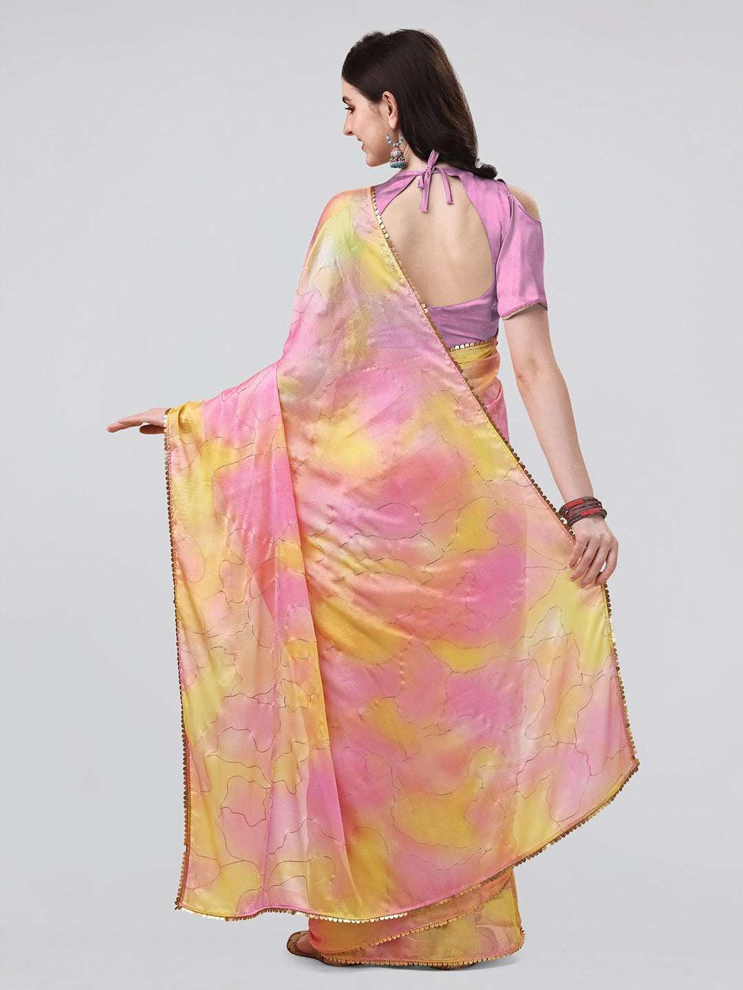 Kalini Yellow & Pink Tie and Dye Sequinned Saree - Distacart