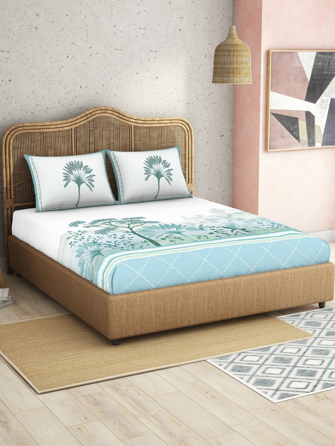 SPACES Kalakari Haath Teal Green Print Pure Cotton 210 TC King Bedsheet & 2 Pillow Covers - Distacart