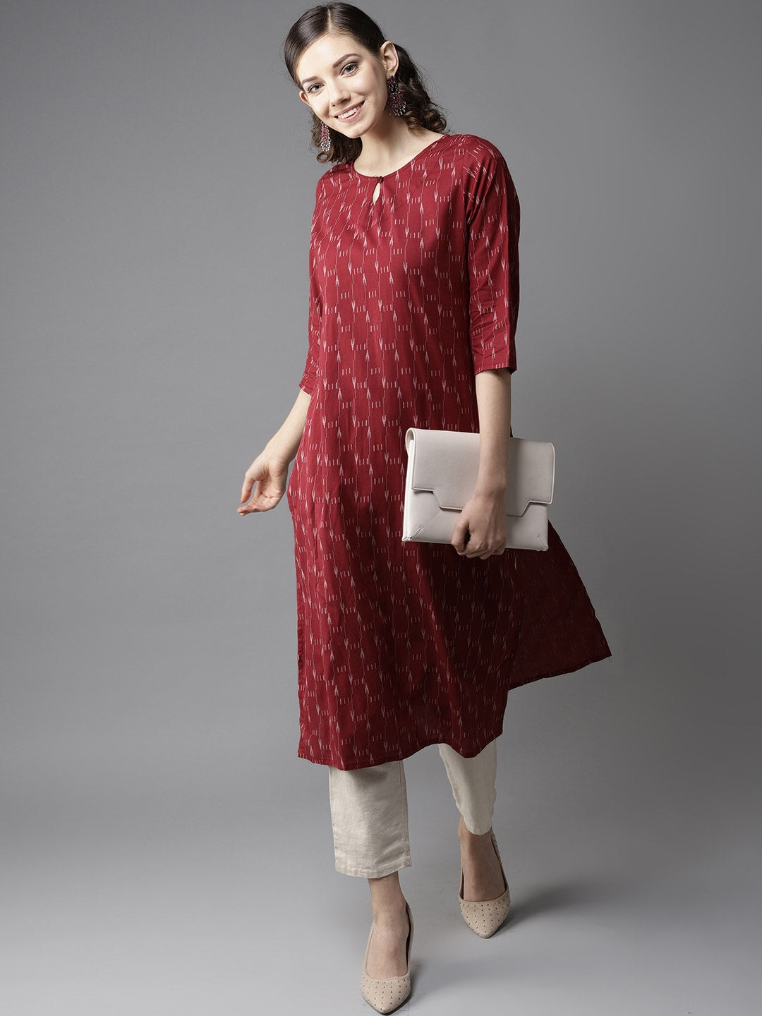 HERE&NOW Women Maroon & Off-White Printed Straight Kurta - Distacart