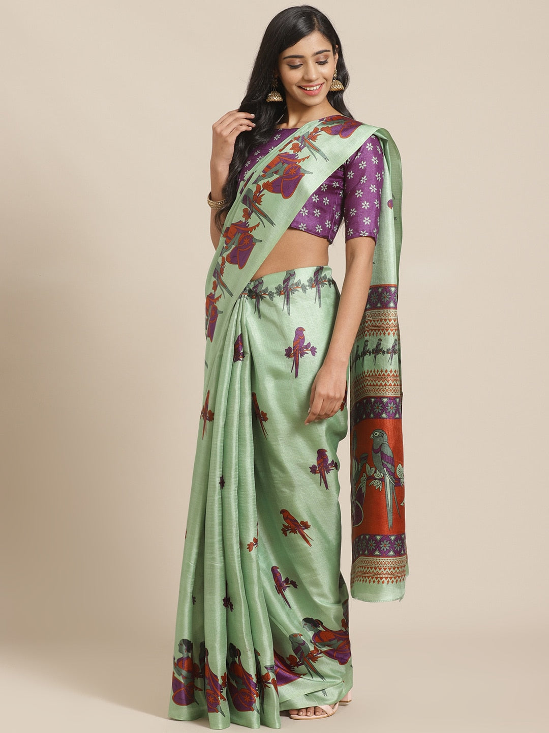 Saree Mall Green & Purple Ethnic Motifs Print Bhagalpuri Saree - Distacart