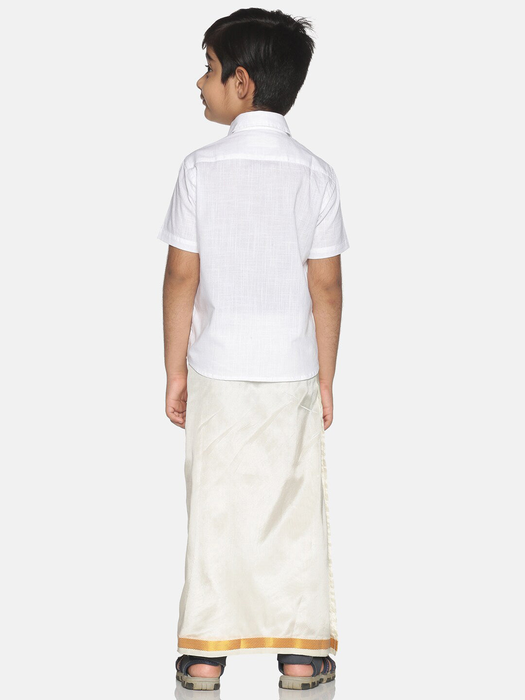 Sethukrishna Boys White & Gold Solid Pure Cotton Shirt & Veshti Set - Distacart
