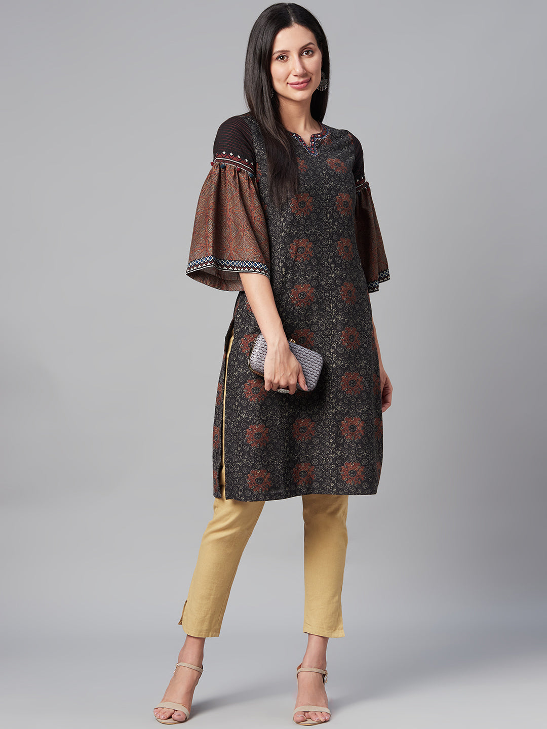 Biba Women Charcoal Grey & Beige Bell Sleeves Printed Kurta - Distacart
