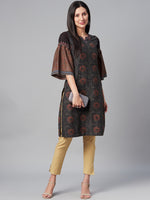 Thumbnail for Biba Women Charcoal Grey & Beige Bell Sleeves Printed Kurta - Distacart