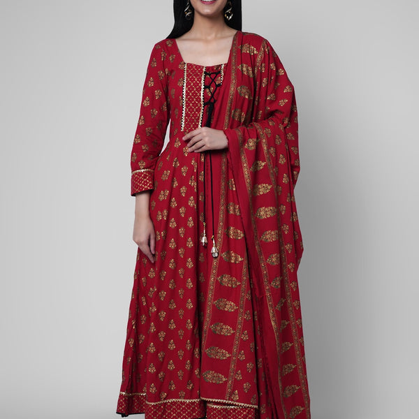 Kalini Women Red Ethnic Motifs Kurta with Churidar & With Dupatta - Distacart
