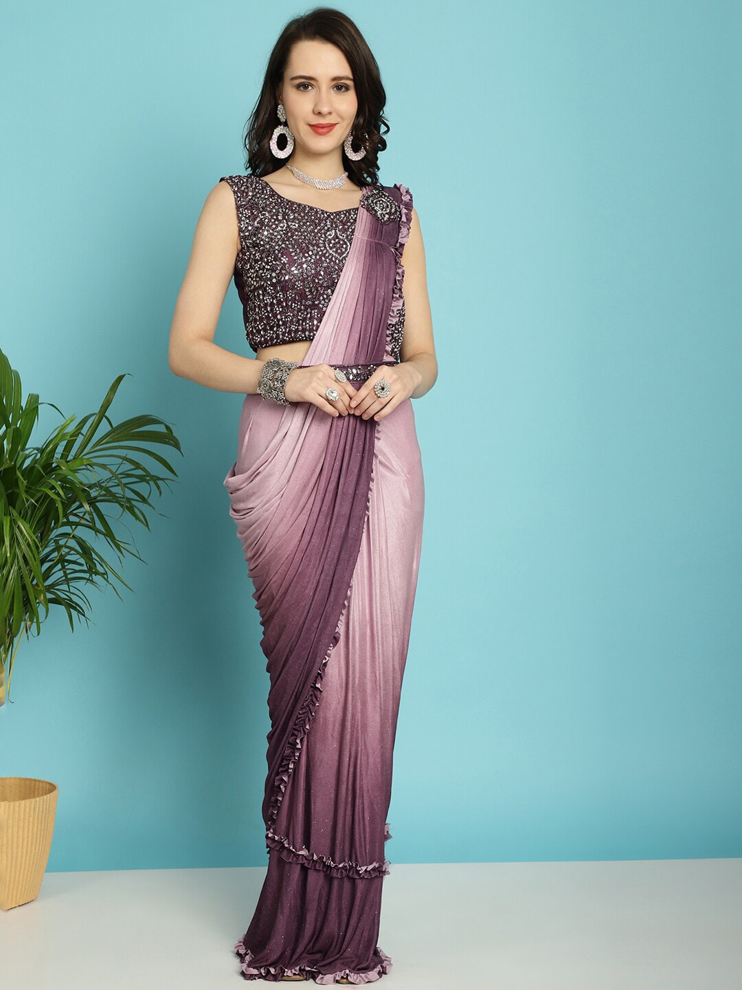 Mitera Maroon Ombre Dyed Ready to Wear Saree - Distacart