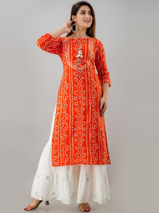 HERE&NOW Orange Tie Up Neck Bandhani Printed Gotta Patti Kurta - Distacart