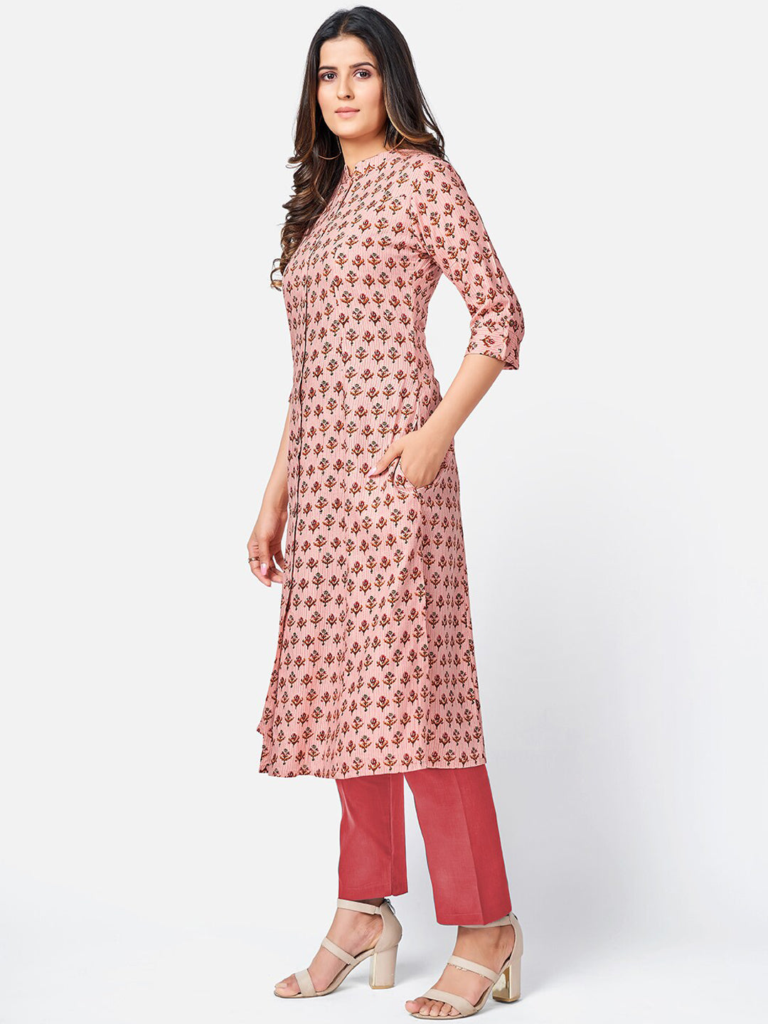 Kalini Women Peach-Coloured Floral Printed Thread Worked Kurta - Distacart