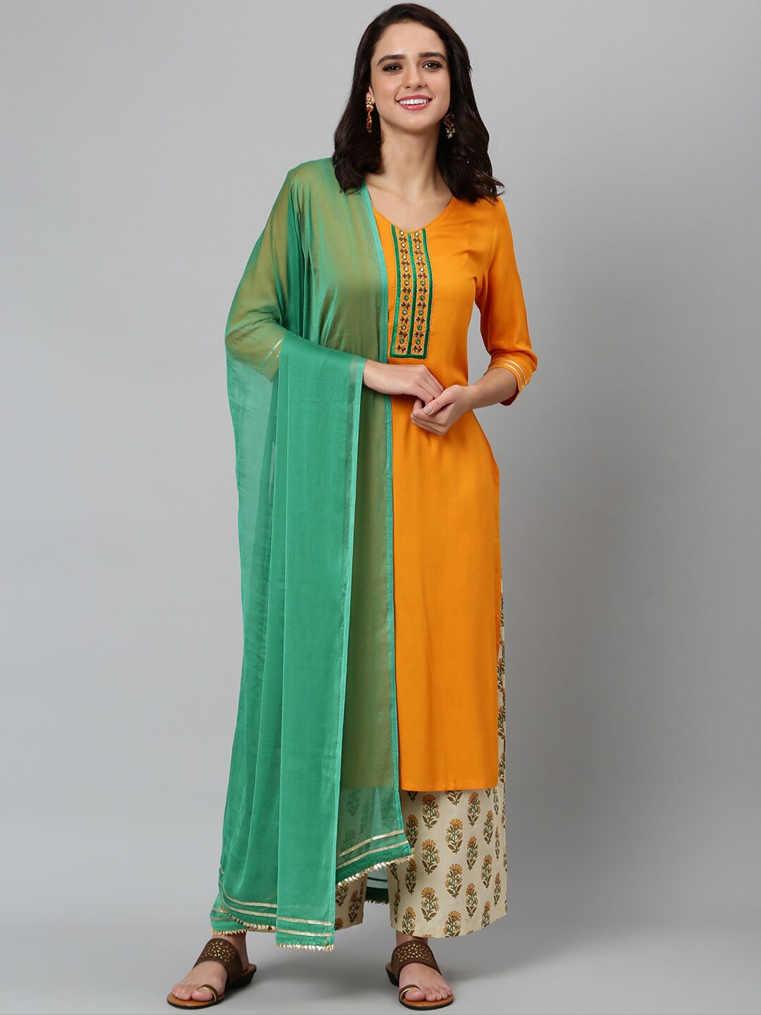 Khushal K Women Mustard Yellow Printed Yoke Design Regular Kurta with Palazzos & Dupatta - Distacart