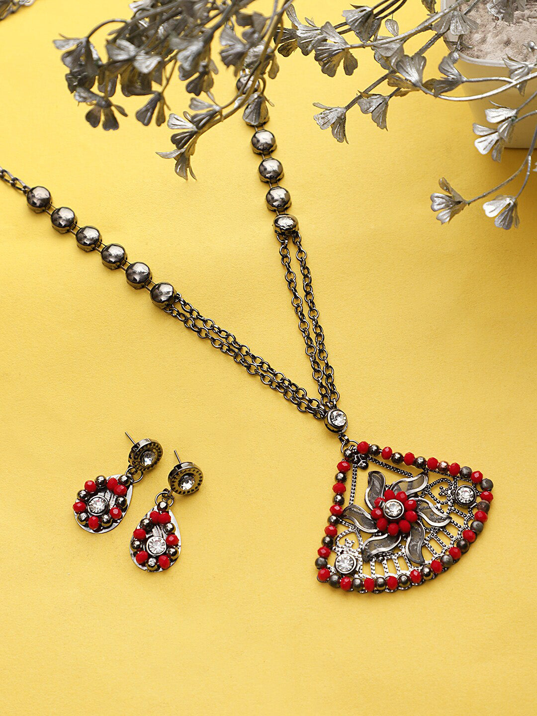 Cardinal Women Oxidised Silver-Plated Red Stone Studded & Beaded Jewellery Set - Distacart
