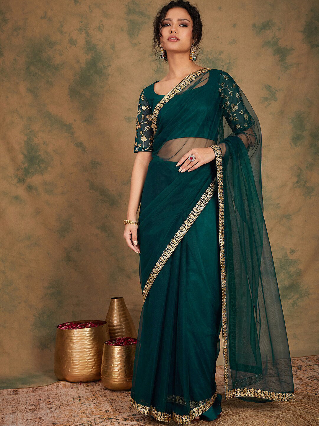 Sangria Embroidered Detailed Net Saree - Distacart