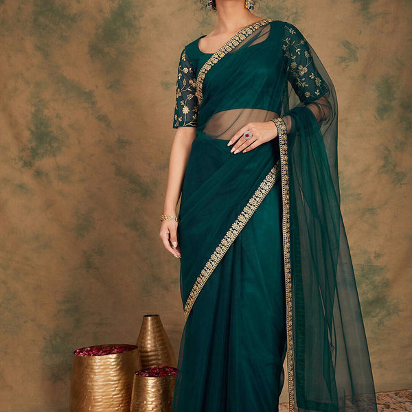 Sangria Embroidered Detailed Net Saree - Distacart