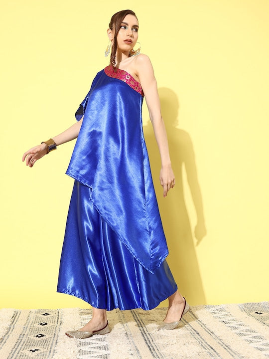 InWeave Women's Blue Pink Brocade Satin Oneshoulder Kurta Set - Distacart