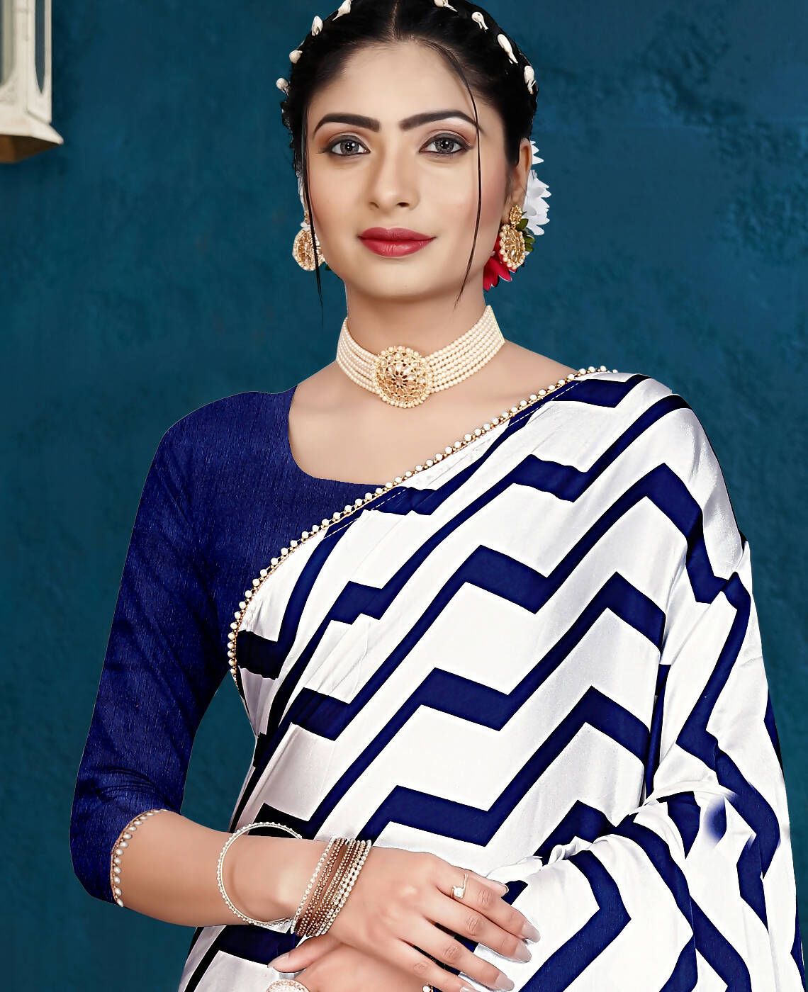 Blue Japan Satin Stripe Printed Saree With Unstitched Blouse Piece - Laavanya - Distacart