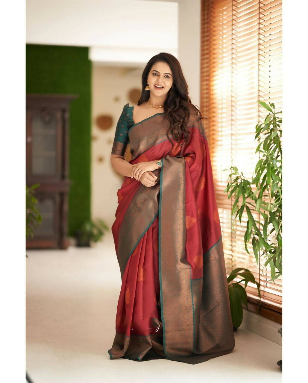DEIANA'S Beautiful Golden Jari with New Design Soft Lichi Silk Saree - Maroon - Distacart