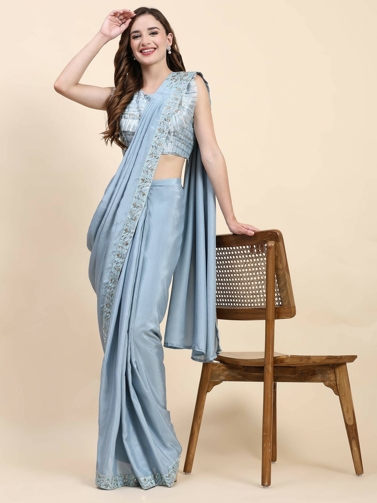 Blue Silk Satin Solid Ready to wear Saree with stitched Blouse - Satiksha - Distacart