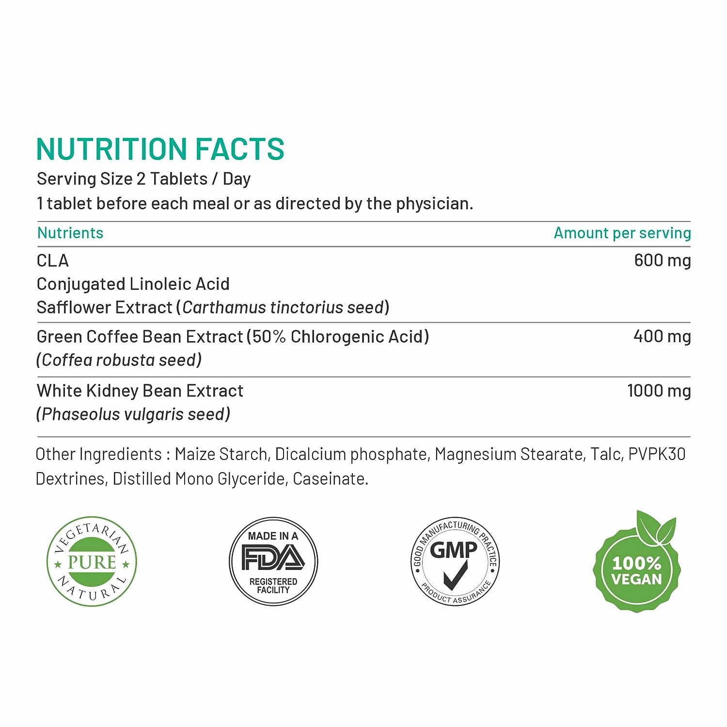 Bliss Welness CLA White Kidney Bean Extract Green Coffee Bean Extract Tablets - Distacart